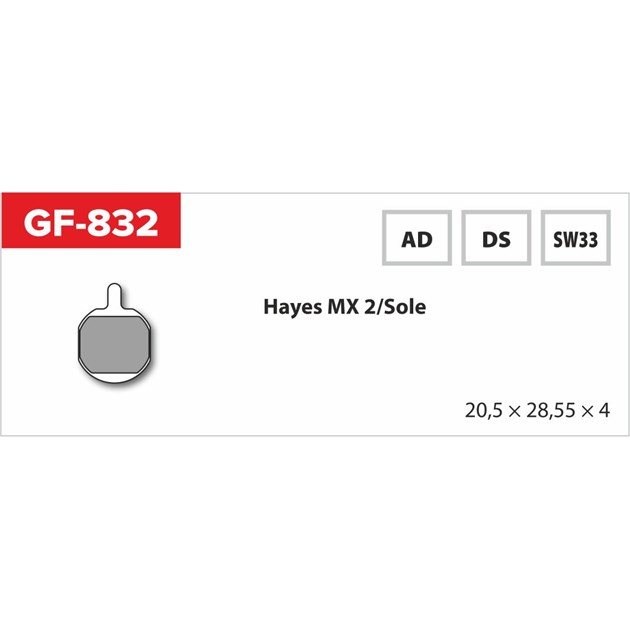 brzdové destičky  GF 831 SW MTB HAYES (bez pružinky, pérka, závlačky)                                                                                                                                                                                     