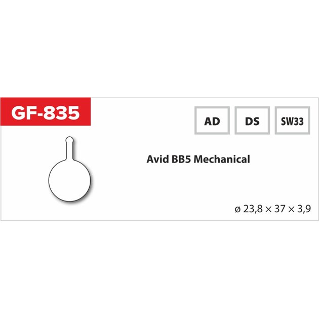 brzdové destičky  GF 835 SW MTB AVID (bez pružinky, pérka, závlačky)                                                                                                                                                                                      