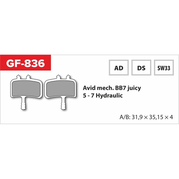 brzdové destičky  GF 836 DS MTB AVID (bez pružinky, pérka, závlačky)                                                                                                                                                                                      