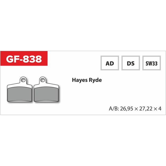 brzdové destičky  GF 838 SW MTB HAYES (bez pružinky, pérka, závlačky)                                                                                                                                                                                     
